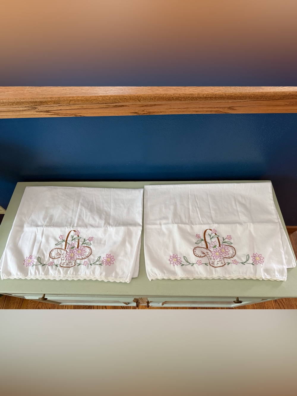 Vintage Pair of Queen Sized Embroidered Pillowcases Crochet Lace Flowers Basket